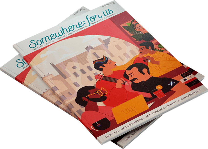 Photo of a stack of “Somewhere: for us” magazines which feature illustrated cover art depicting ethnically diverse people eating, chatting and making music.